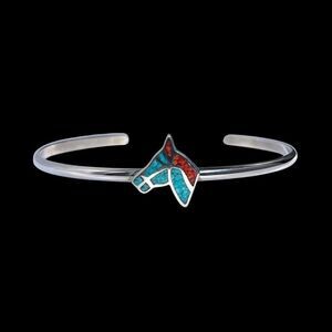 Size 6-1/4 Wrist - 925 Sterling Silver Turquoise and Coral Horse Bust Cuff...